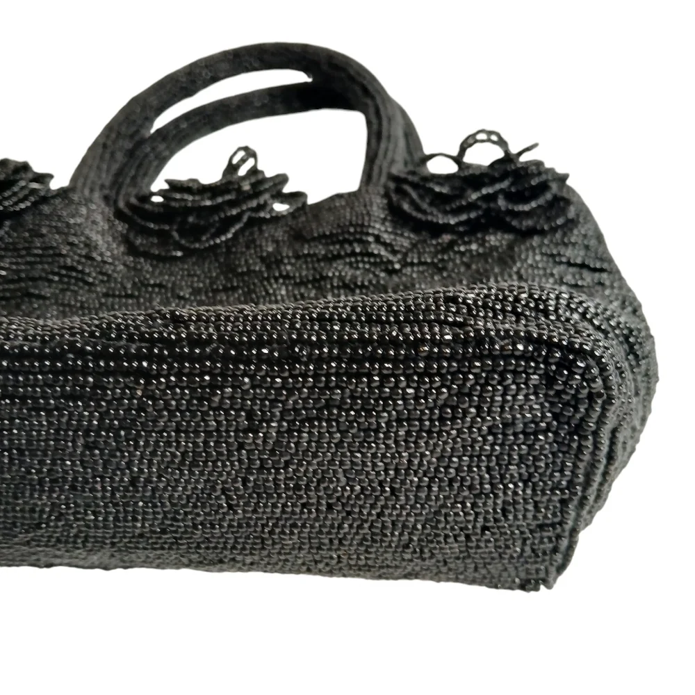 Vintage 80's Bag Black Glass Beads Beaded Strap Satin Lined Florets